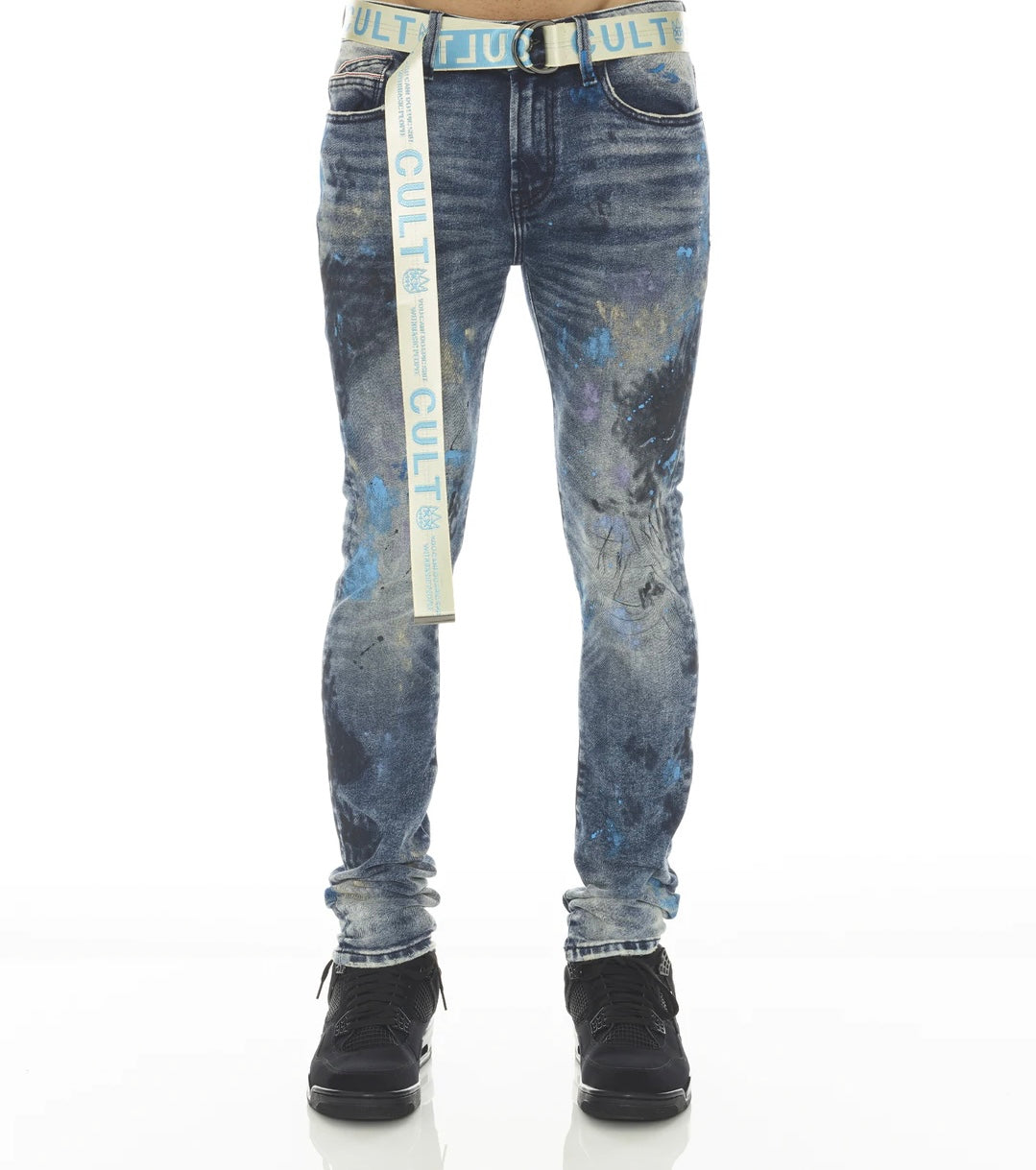 CULT OF INDIVIDUALITY "PUNK SUPER SKINNY STRETCH w/BABY BLUE BELT IN ABSTRACT" JEANS