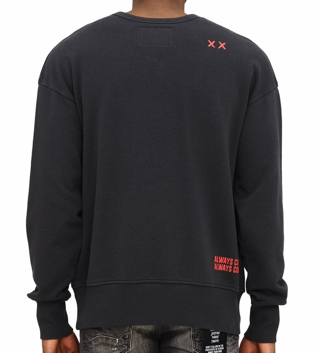 CULT SHIMUCHAN DISTRESSED CREW NECK FLEECE IN PEAT BLACK