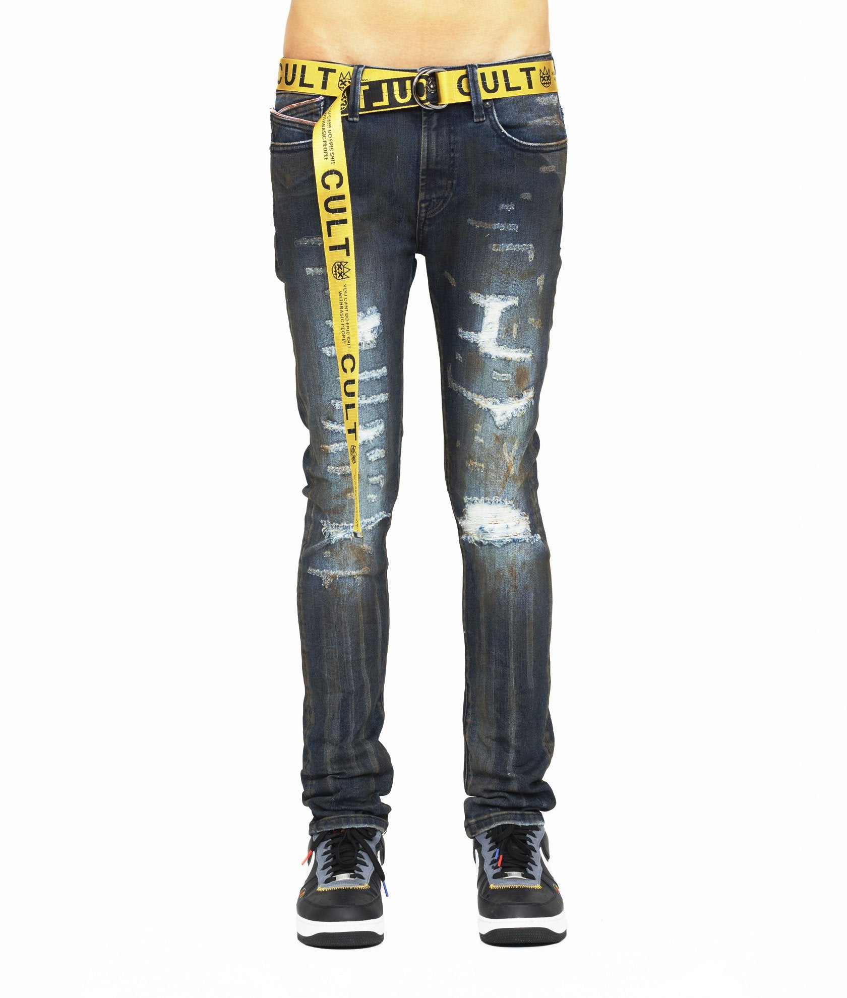 CULT PUNK SUPER SKINNY BELTED JEANS IN SLICK
