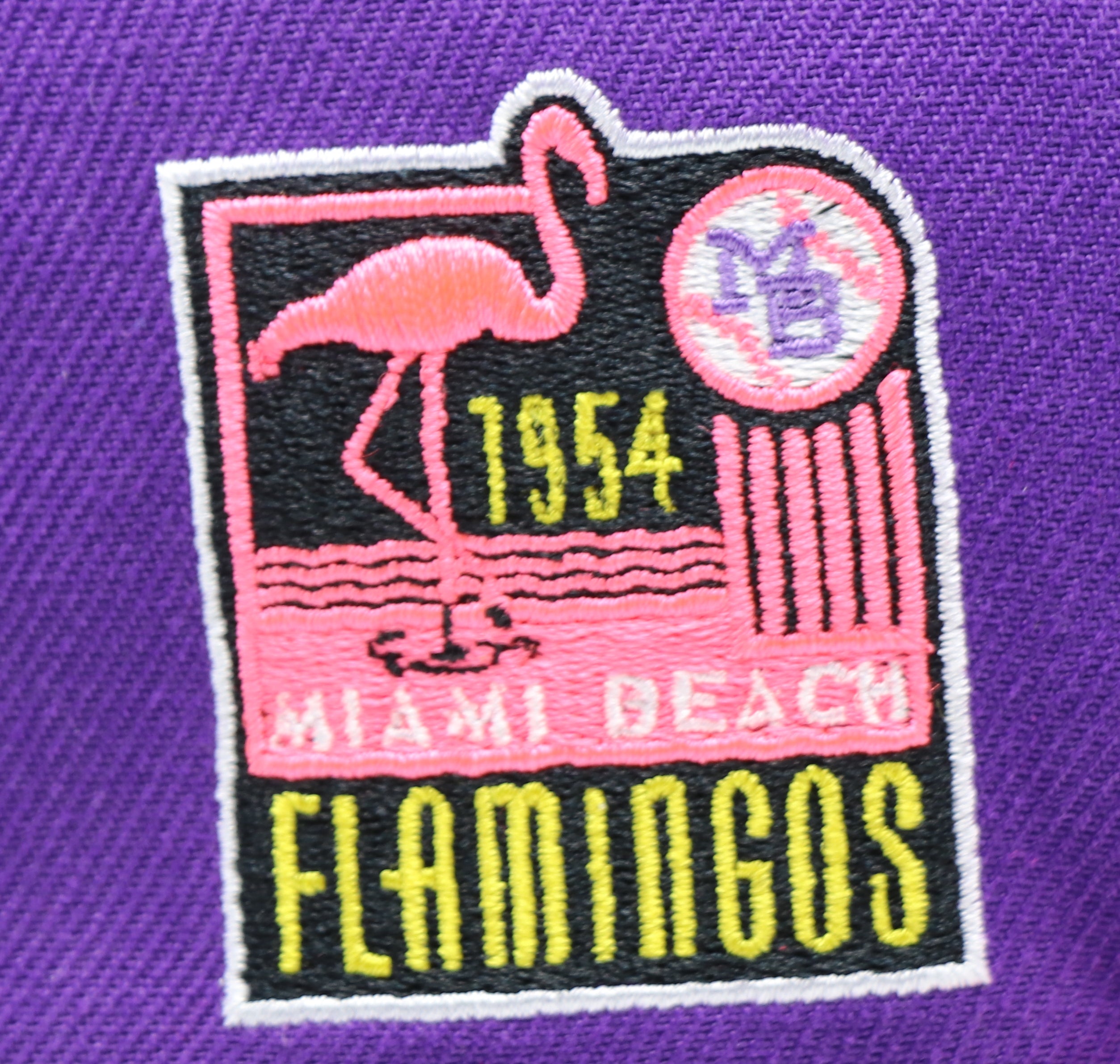 MIAMI BEACH FLAMINGOS (PURPLE) NEW ERA 59FIFTY (YELLOW UNDER VISOR)