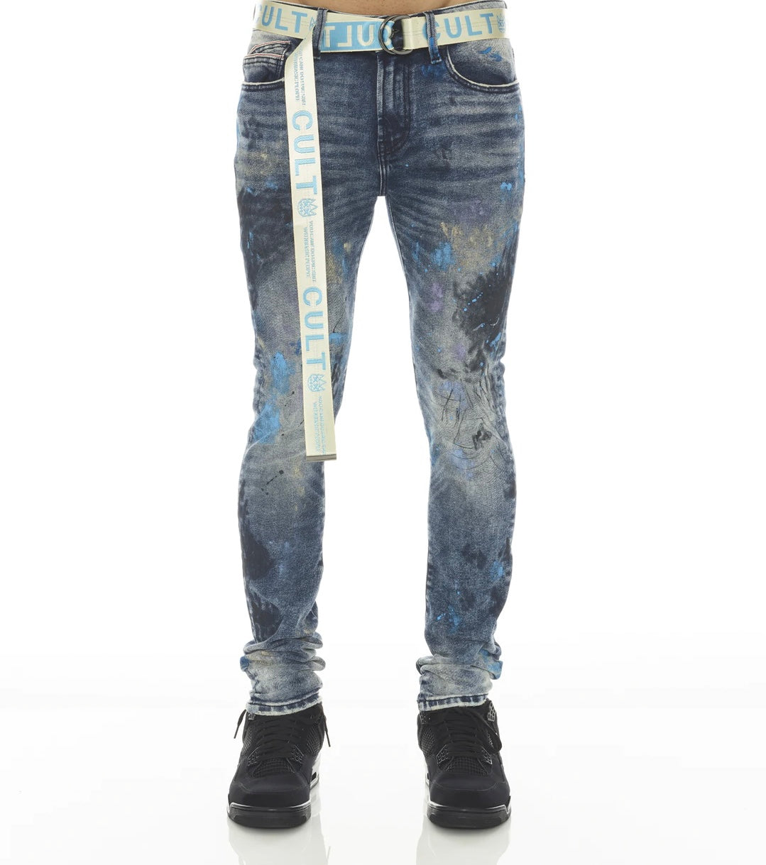 CULT OF INDIVIDUALITY "PUNK SUPER SKINNY STRETCH w/BABY BLUE BELT IN ABSTRACT" JEANS