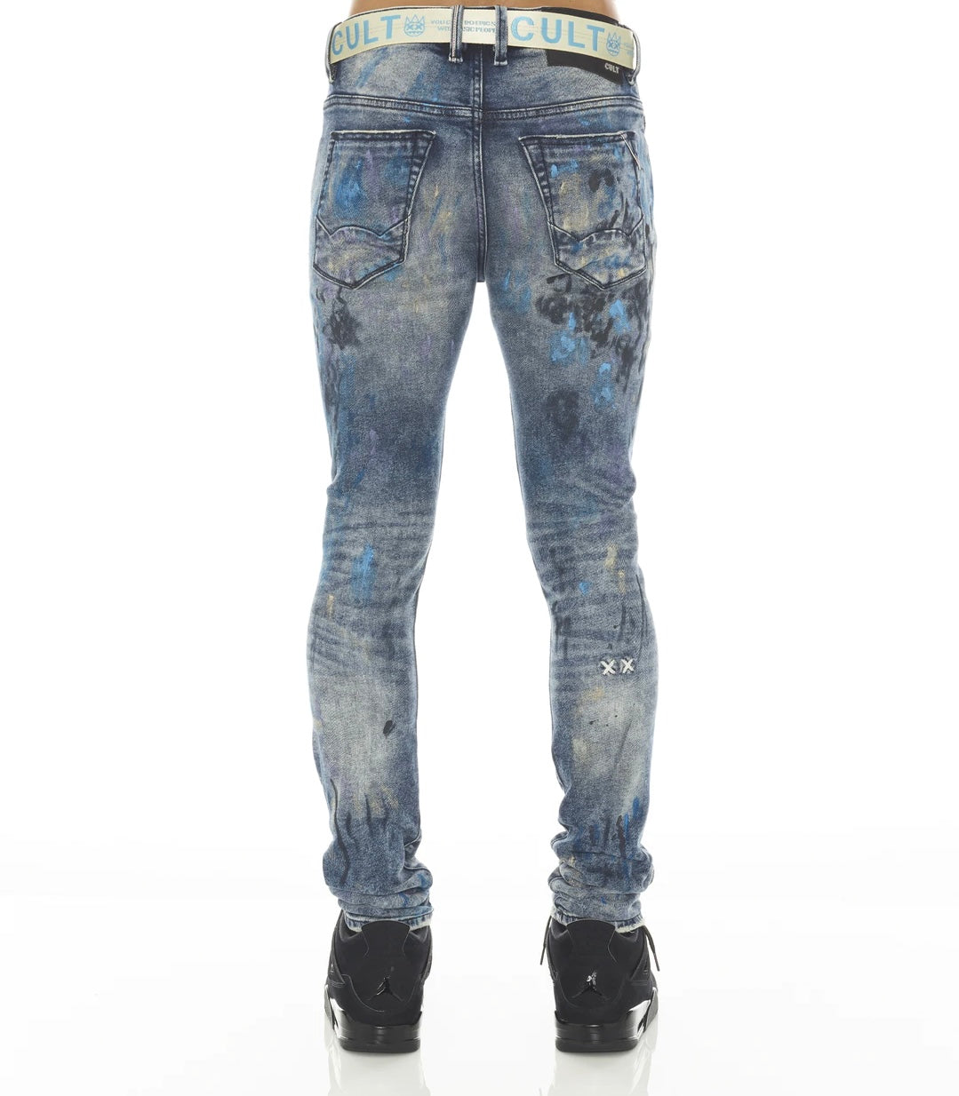 CULT OF INDIVIDUALITY "PUNK SUPER SKINNY STRETCH w/BABY BLUE BELT IN ABSTRACT" JEANS
