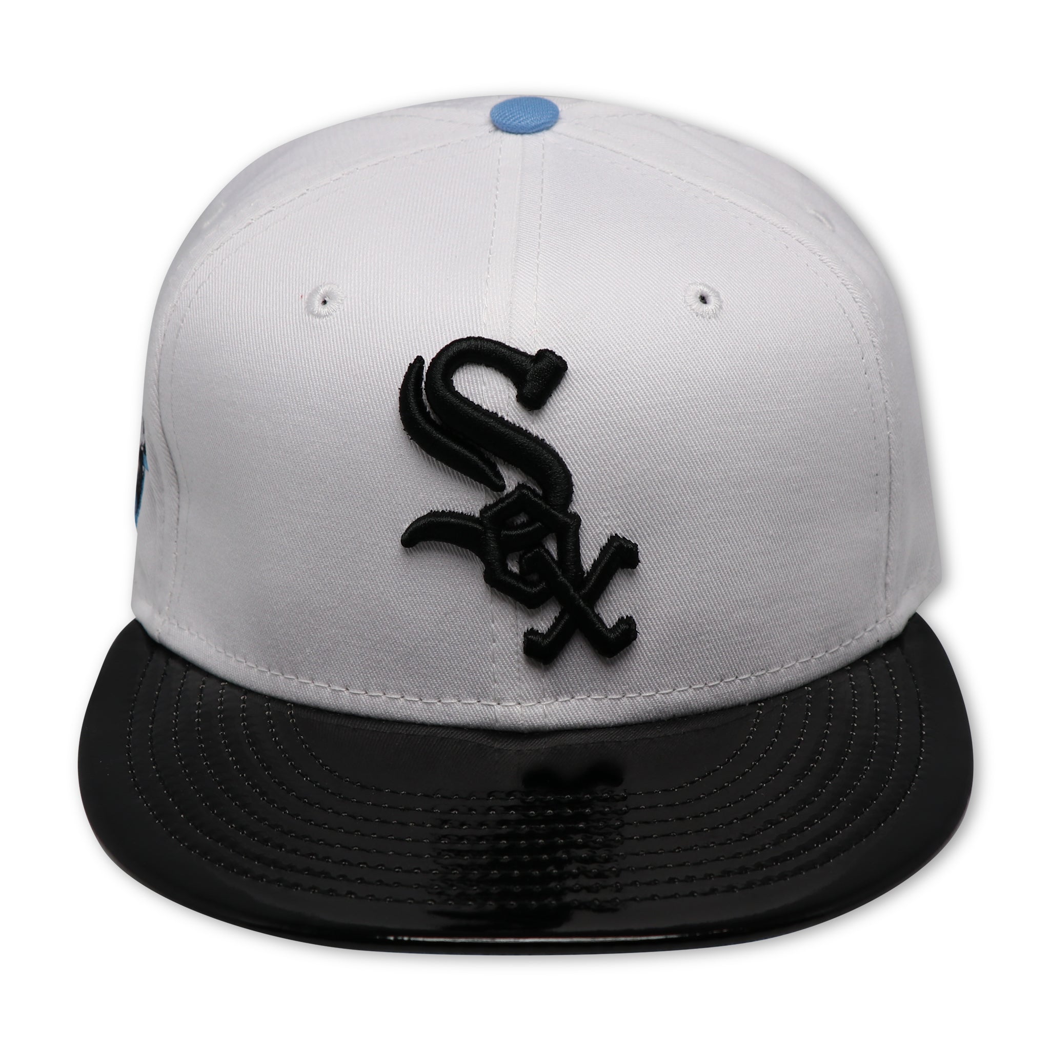 CHICAGO WHITESOX (WHITE) (PATENT LEATHER BRIM) (COMISKEY PARK) NEW ERA 59FIFTY FITTED (SKY BLUE UNDER VISOR) (S)
